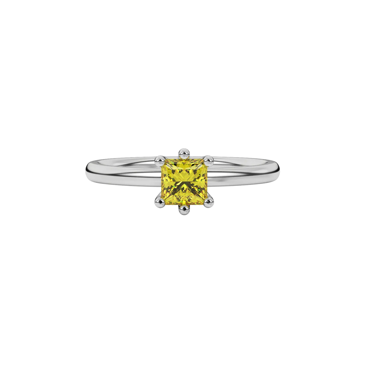 Close-up canary yellow gemstone ring, white gold six-prong setting.