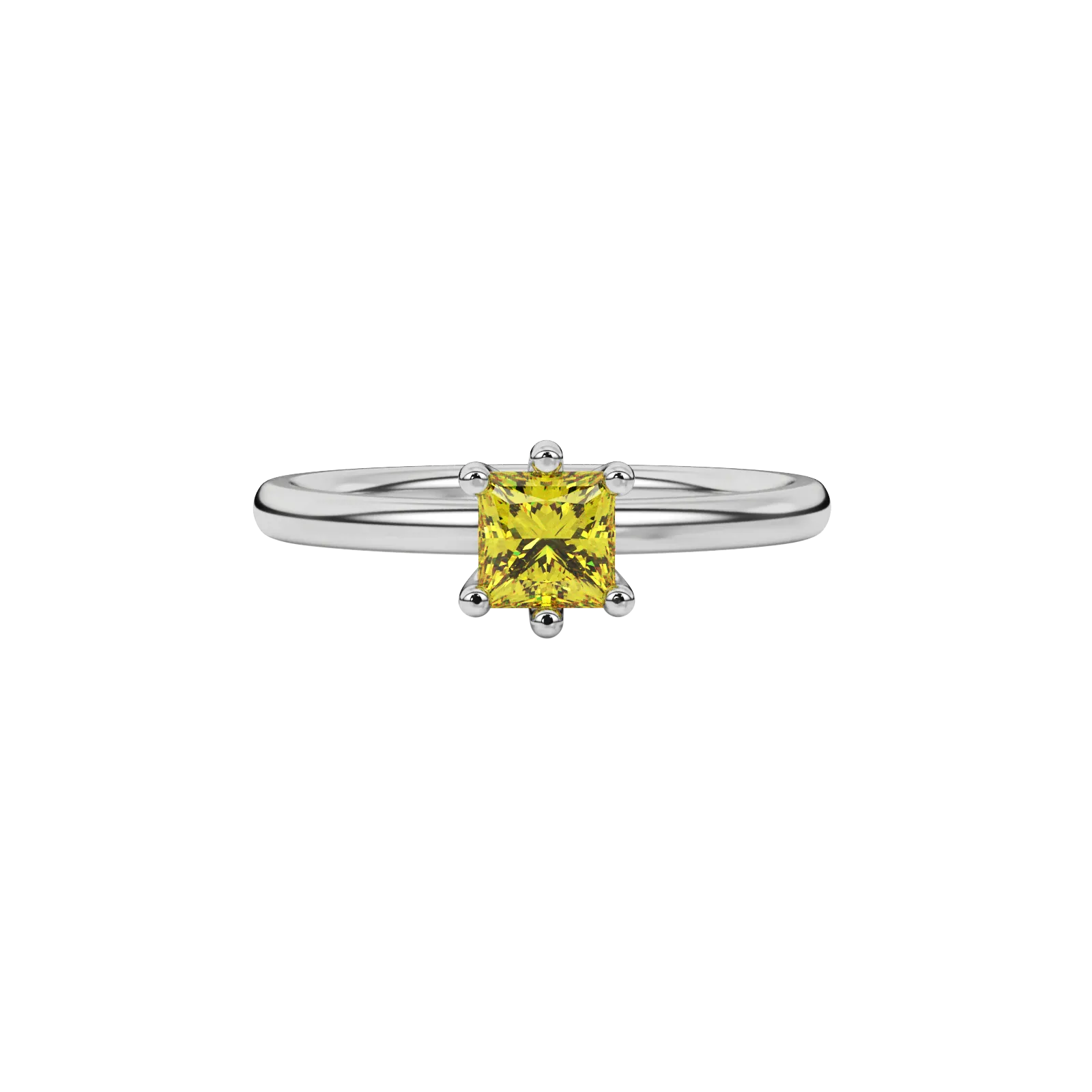 Close-up canary yellow gemstone ring, white gold six-prong setting.
