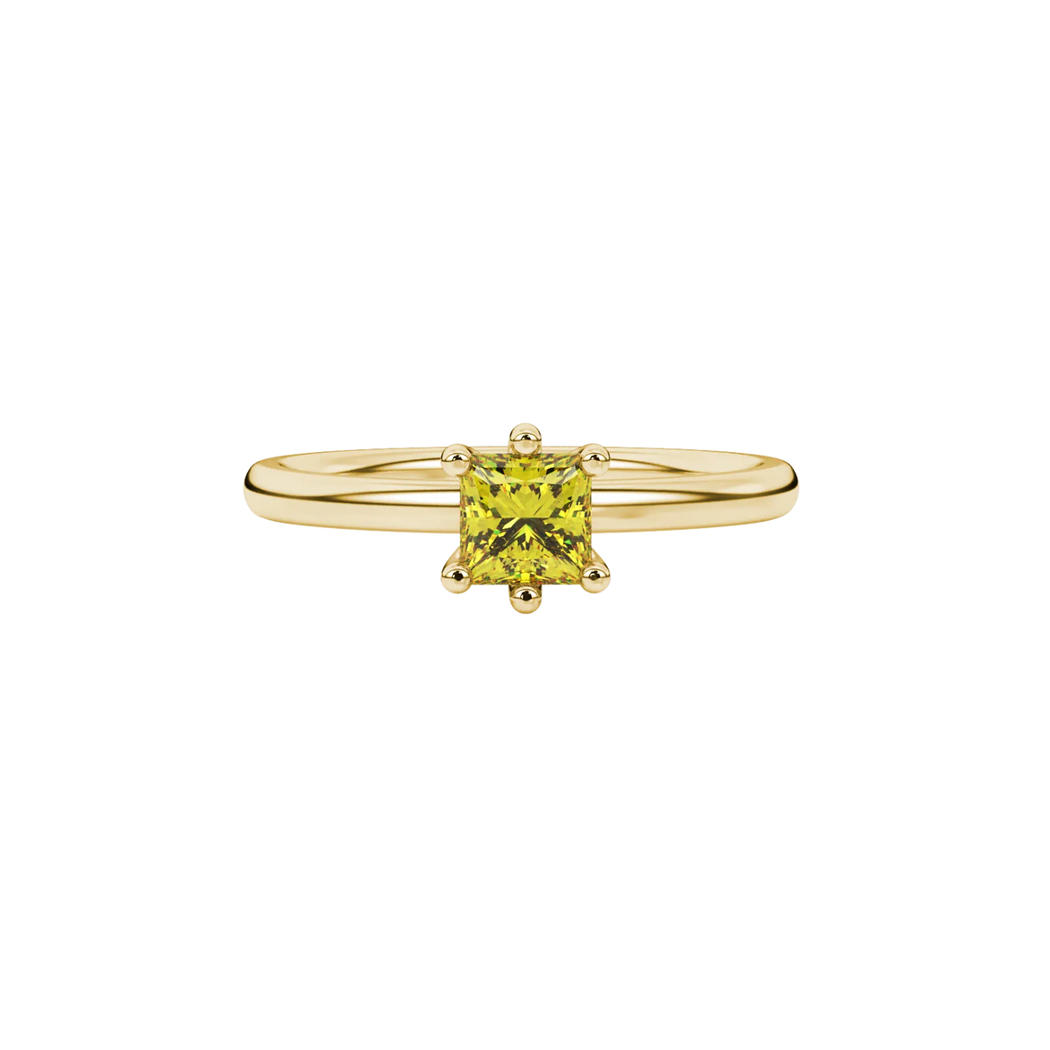 Close-up, princess canary yellow gemstone, yellow gold six-prong ring.
