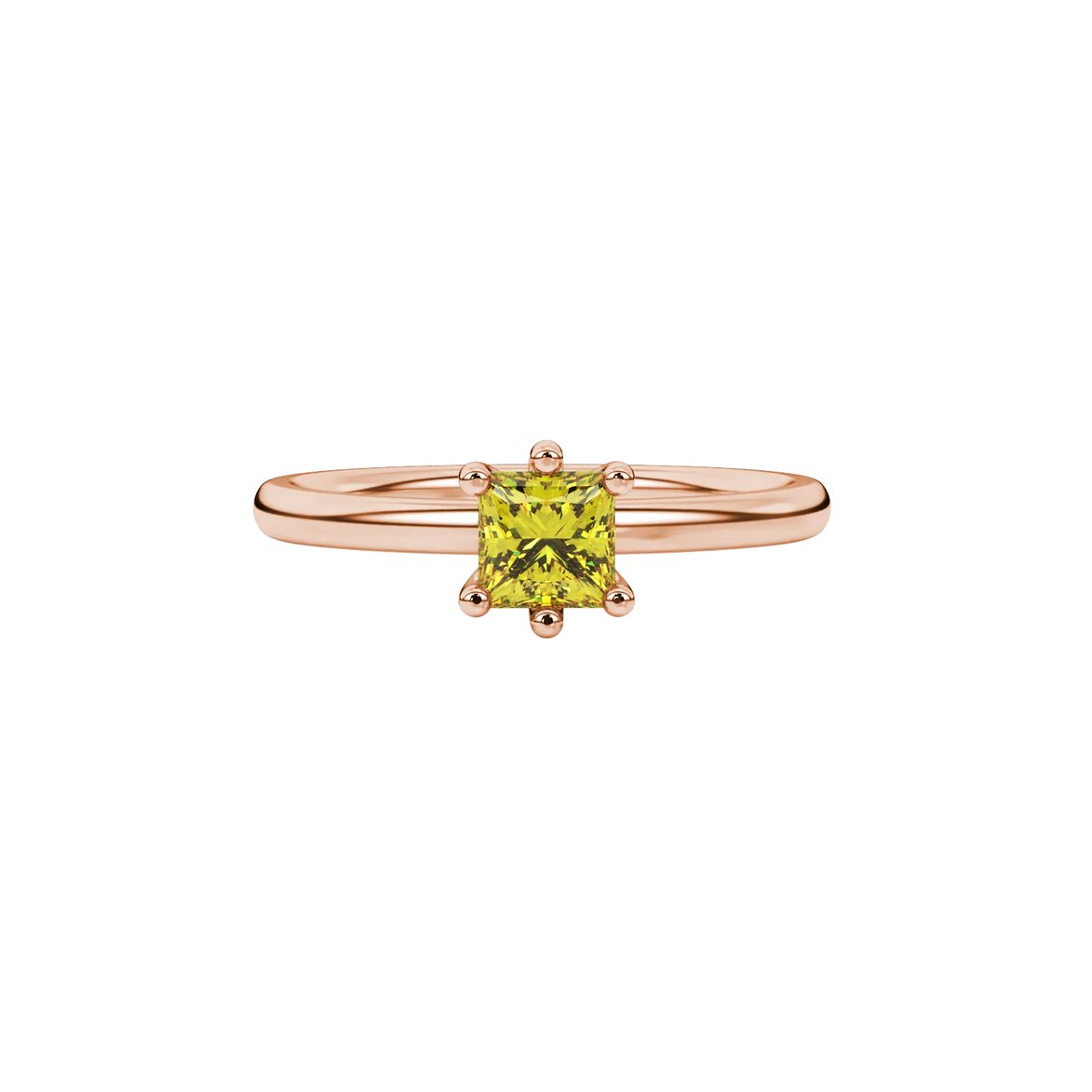 Close-up, princess canary yellow gemstone ring, rose gold six-prong setting.
