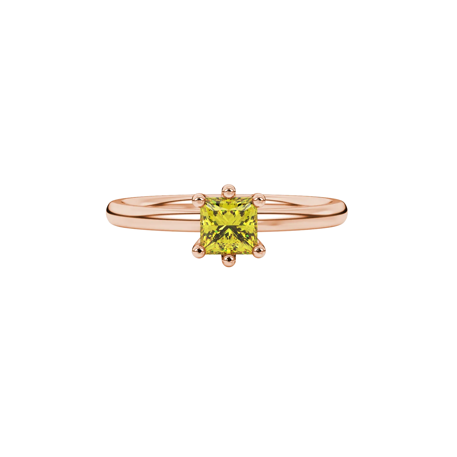 Close-up, princess canary yellow gemstone ring, rose gold six-prong setting.