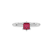 Close-up raspberry red gemstone ring, white gold six-prong setting.