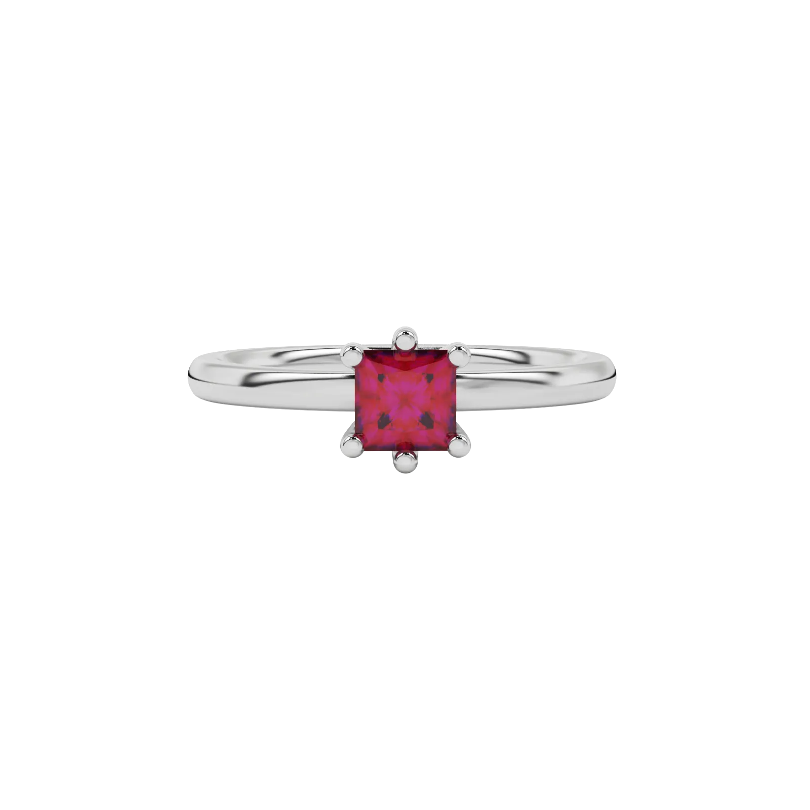 Close-up raspberry red gemstone ring, white gold six-prong setting.