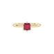 Close-up, princess raspberry red gemstone, yellow gold six-prong ring.