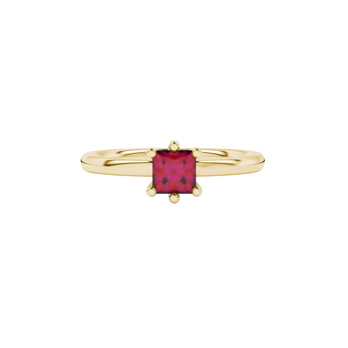 Close-up, princess raspberry red gemstone, yellow gold six-prong ring.