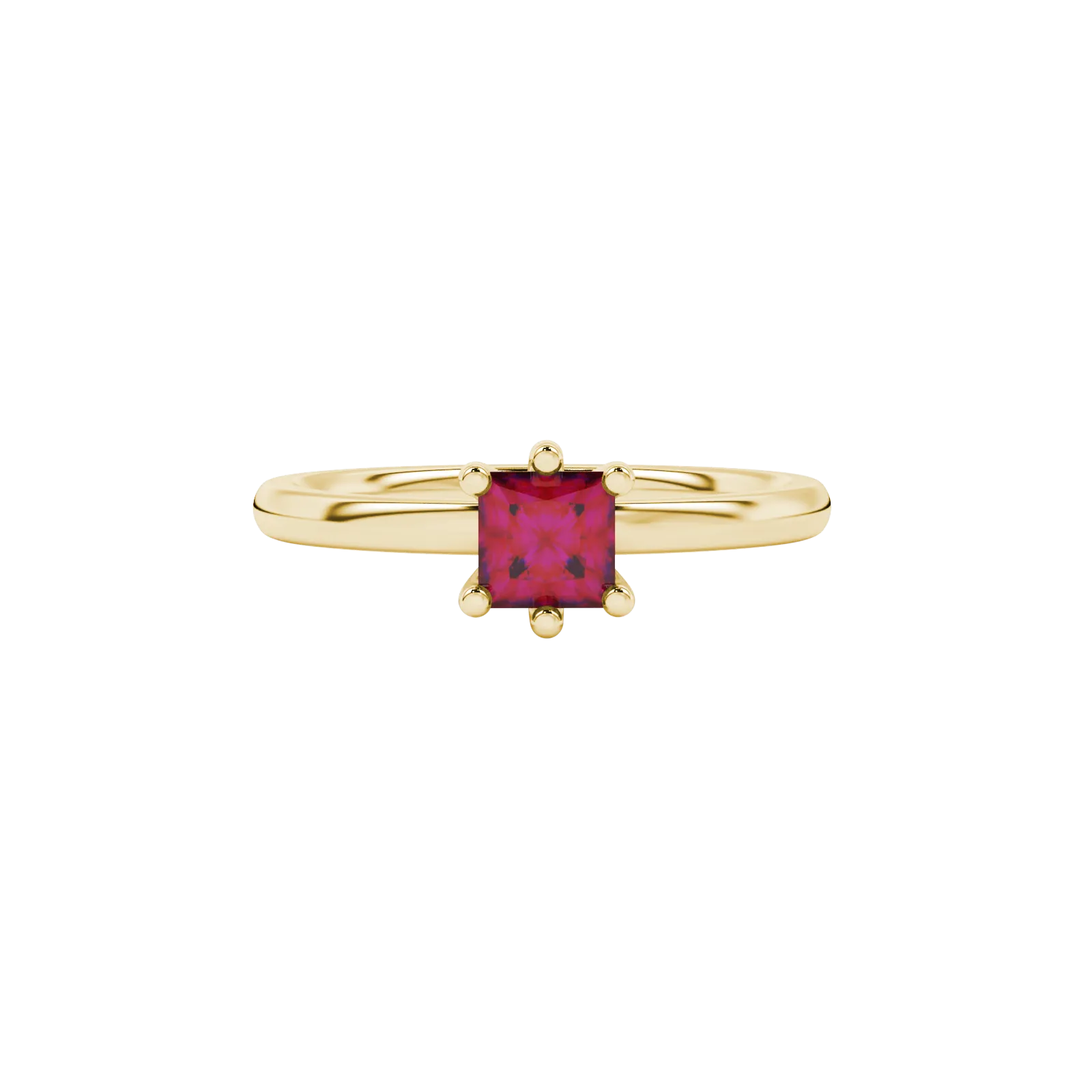 Close-up, princess raspberry red gemstone, yellow gold six-prong ring.
