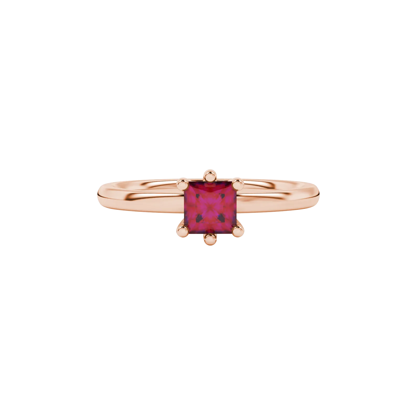 Close-up, princess raspberry red gemstone ring, rose gold six-prong setting.