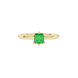 Close-up, princess emerald green gemstone, yellow gold six-prong ring.