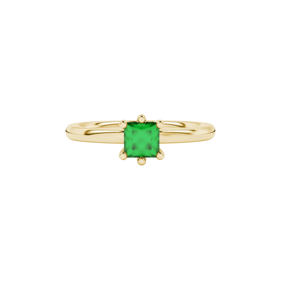 Close-up, princess emerald green gemstone, yellow gold six-prong ring.