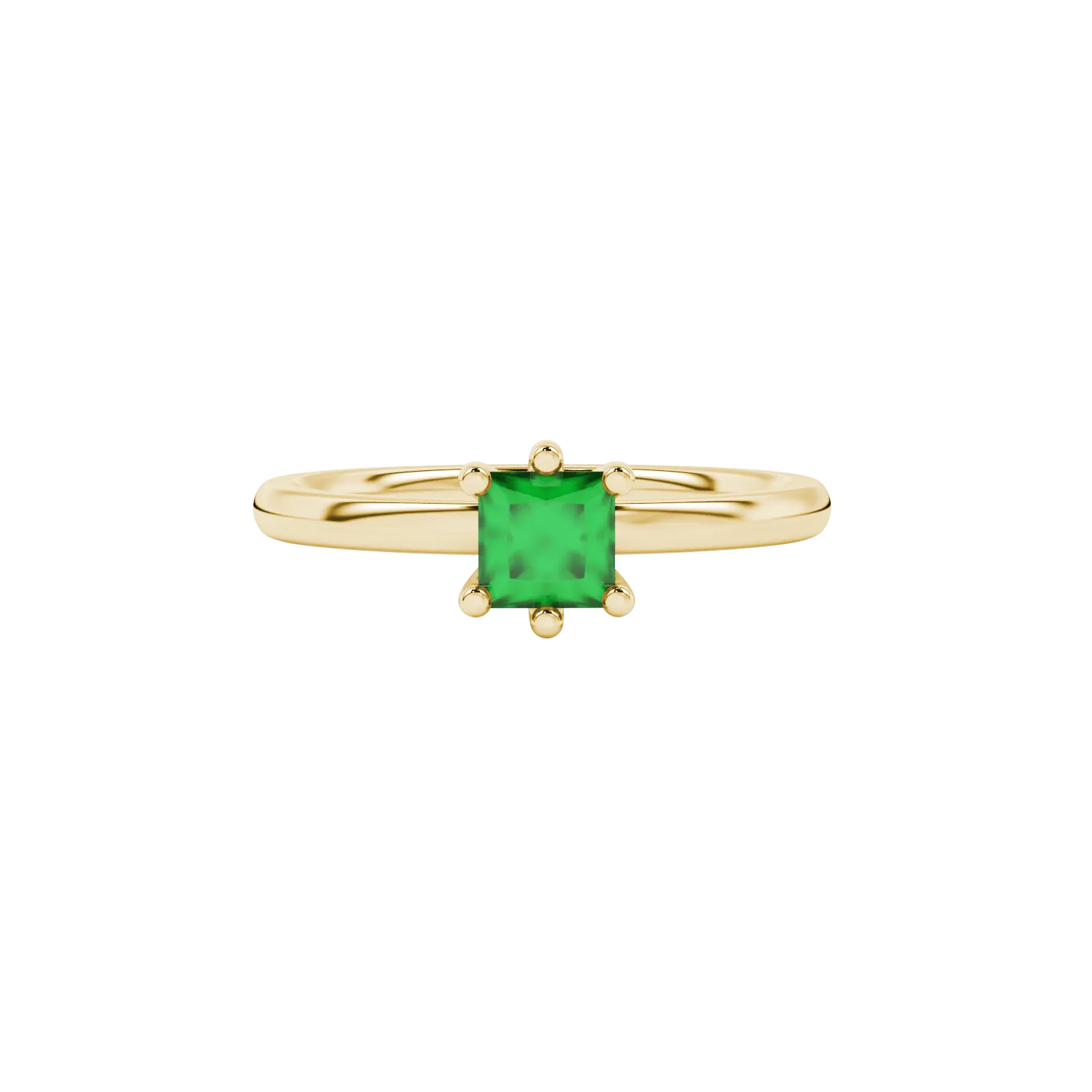 Close-up, princess emerald green gemstone, yellow gold six-prong ring.