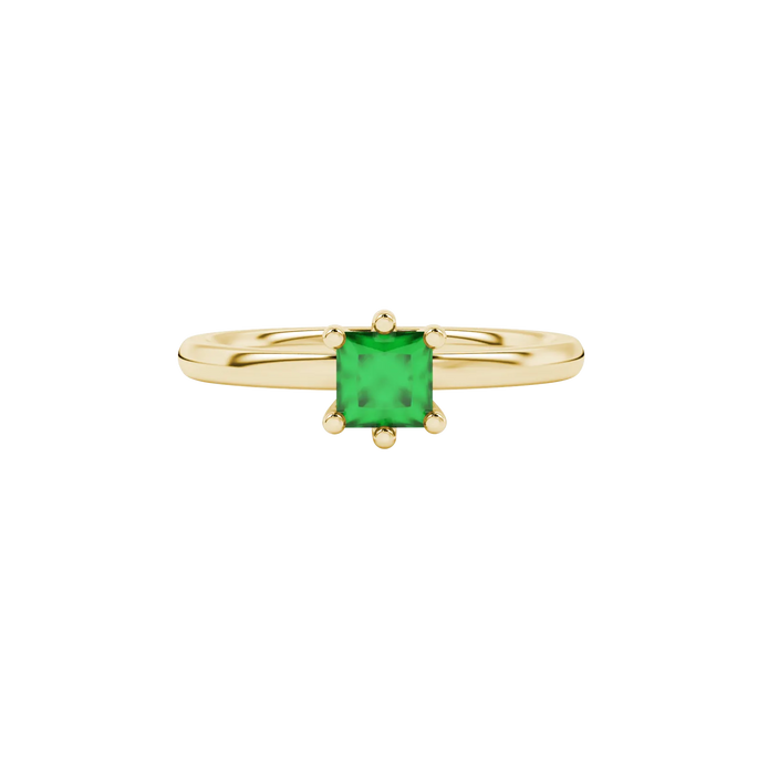 Close-up, princess emerald green gemstone, yellow gold six-prong ring.