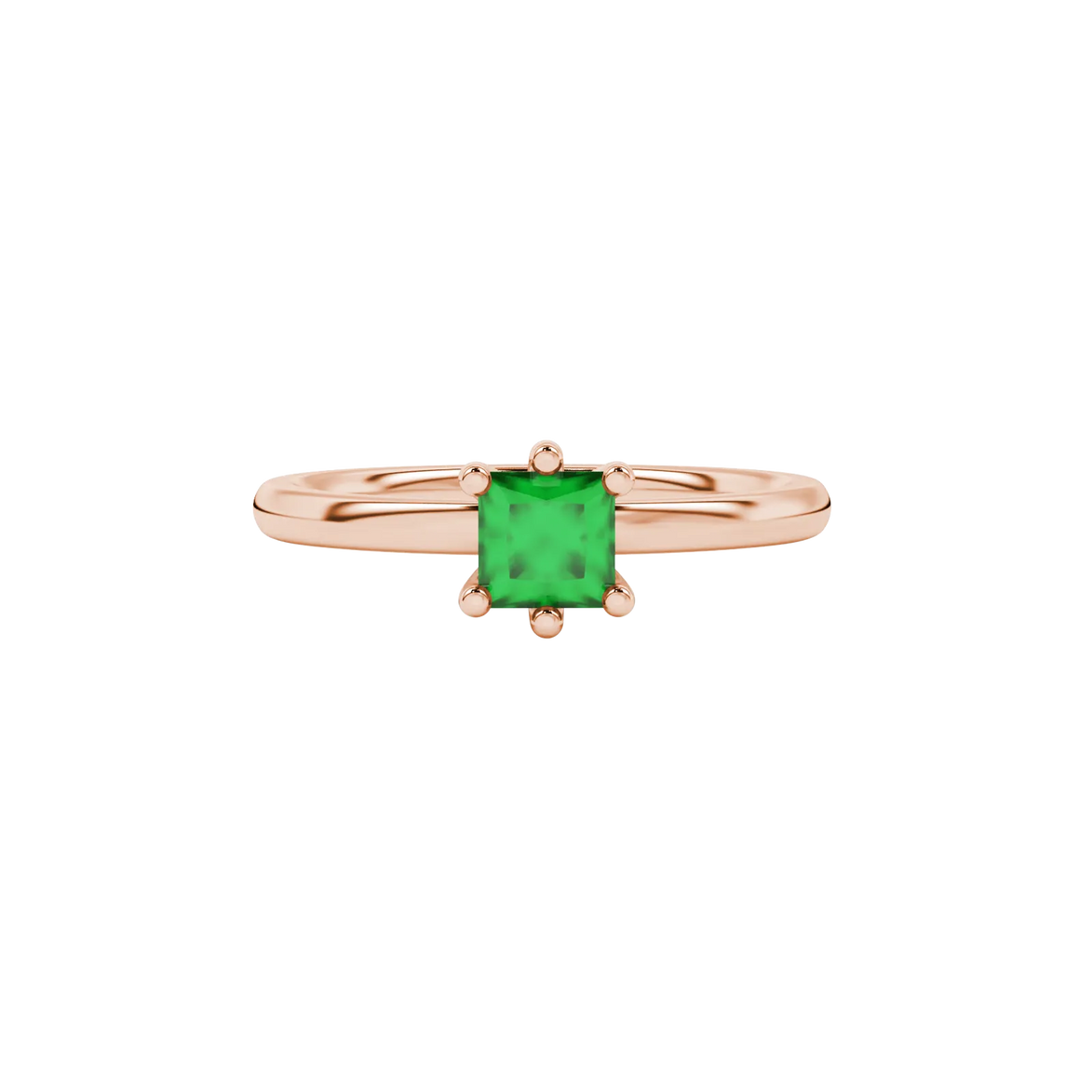 Close-up, princess emerald green gemstone ring, rose gold six-prong setting.