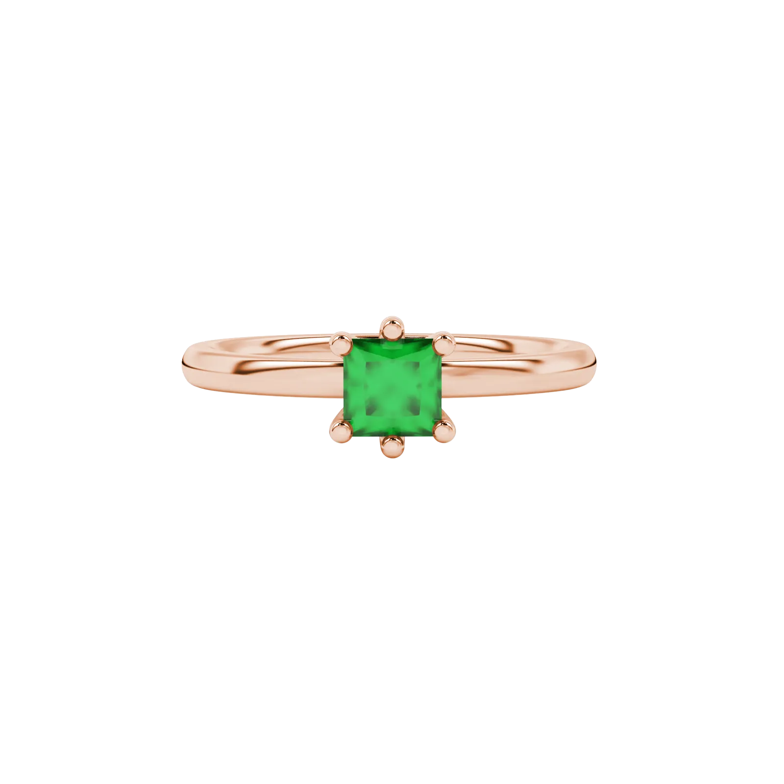 Close-up, princess emerald green gemstone ring, rose gold six-prong setting.