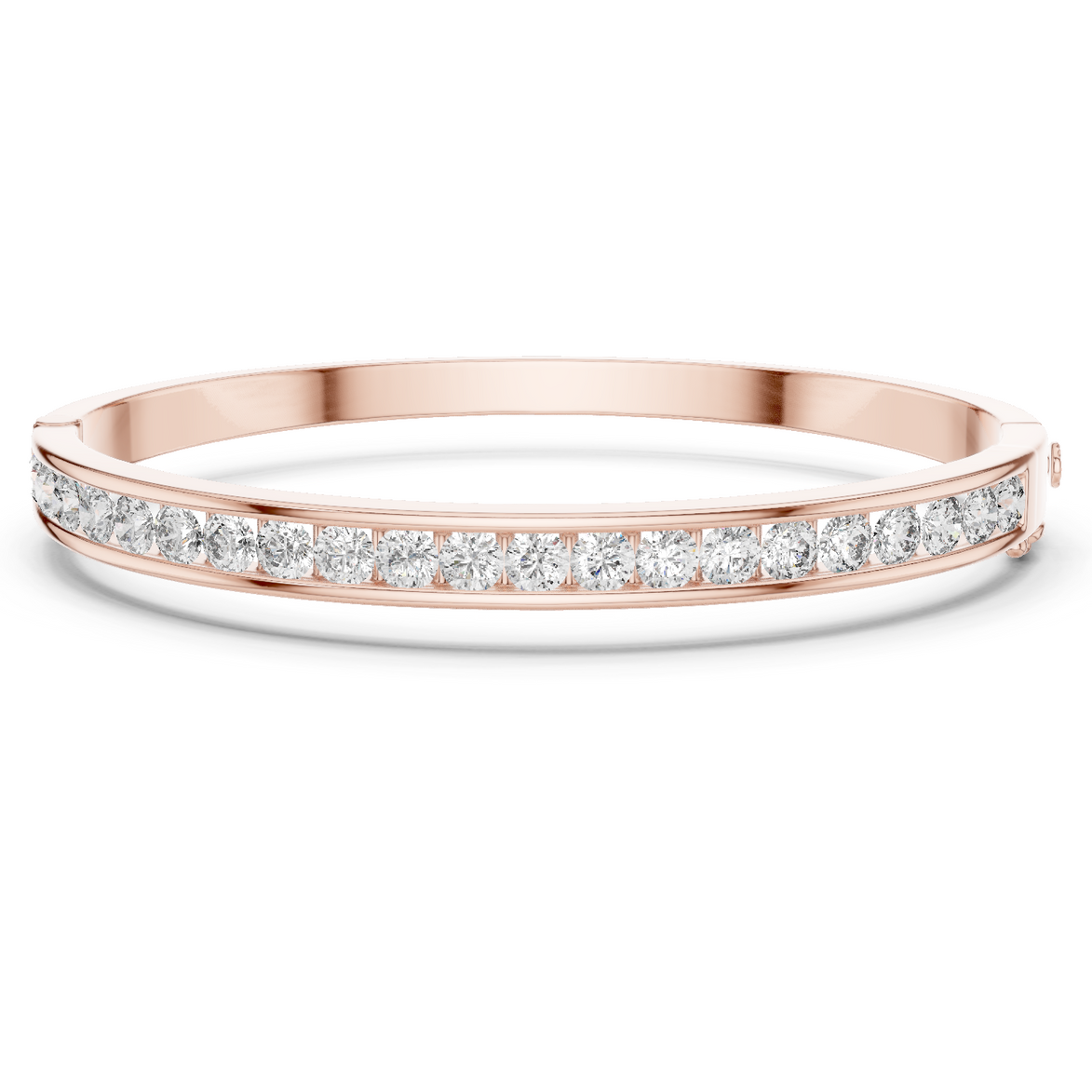 Channel set lab grown diamond bangle bracelet in yellow gold white gold and rose gold with sleek round diamond design