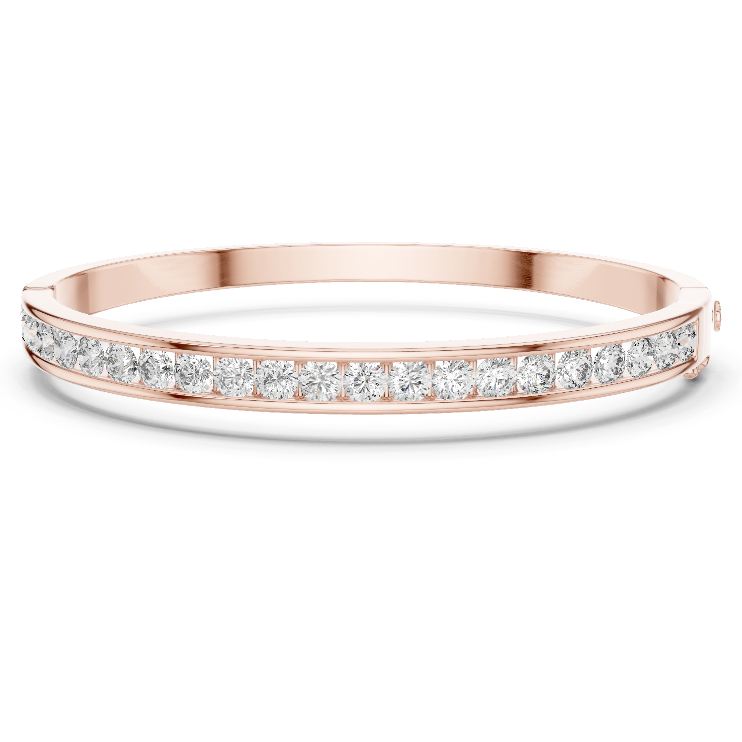 Channel set lab grown diamond bangle bracelet in yellow gold white gold and rose gold with sleek round diamond design