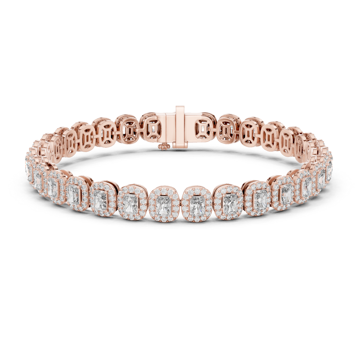 Radiant cut halo lab grown diamond tennis bracelet in yellow gold white gold and rose gold with luxury diamond links