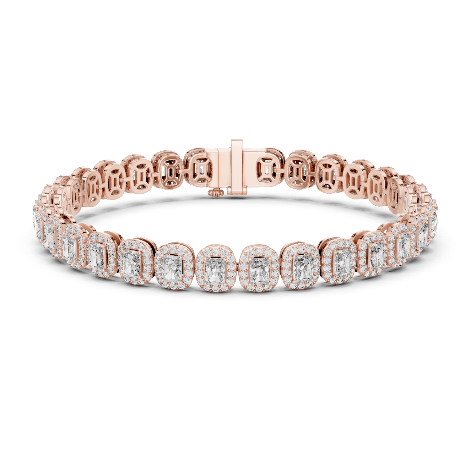 Radiant cut halo lab grown diamond tennis bracelet in yellow gold white gold and rose gold with luxury diamond links