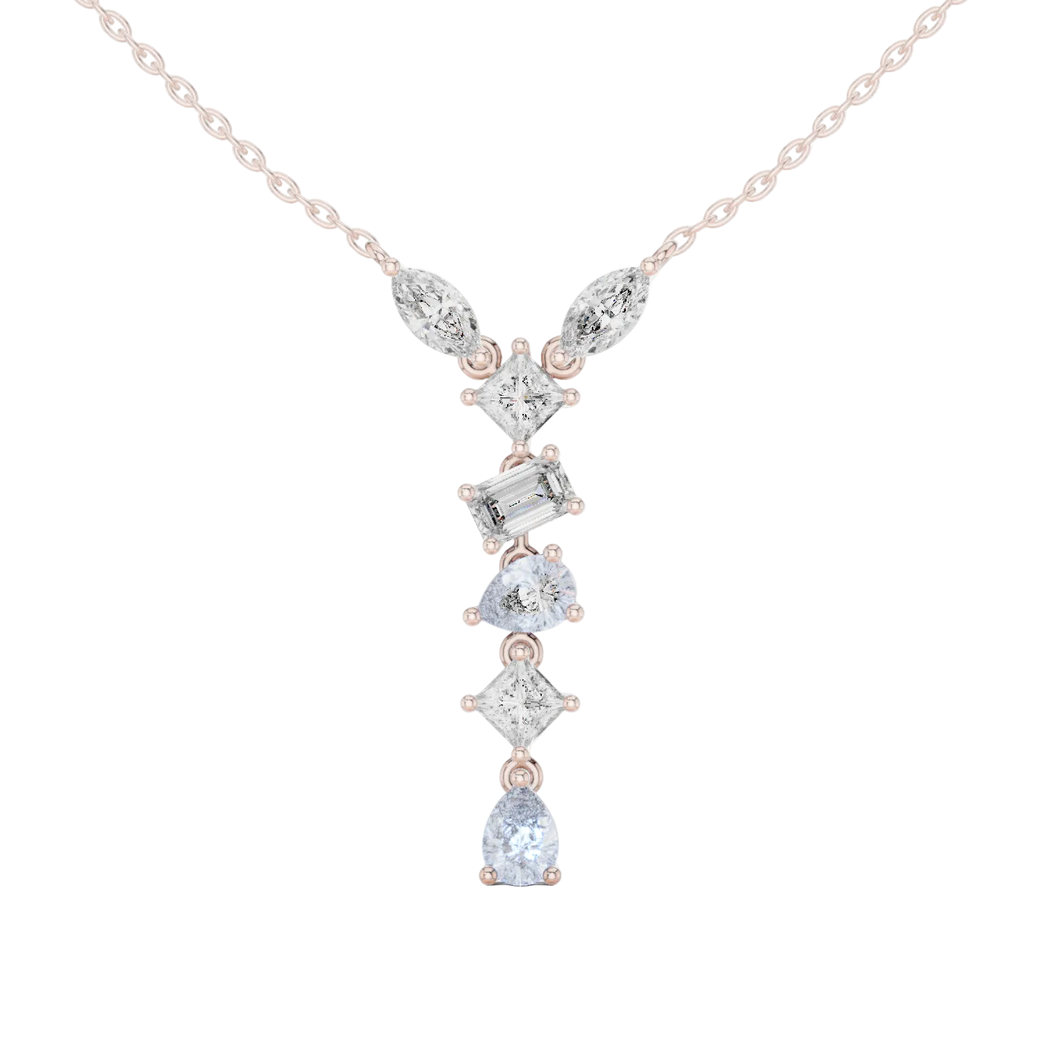 Mixed shape diamond drop pendant in gold with marquise, pear, emerald and princess cut lab grown diamonds by Signora Jewels
