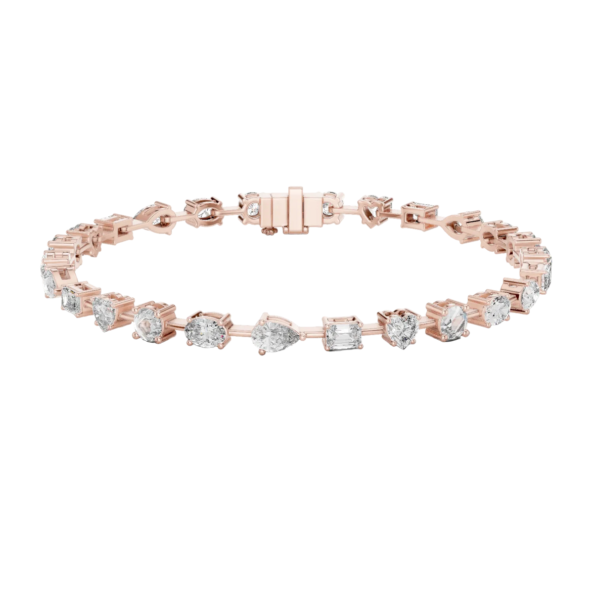 Multi shape lab grown diamond tennis bracelet with round heart oval pear and emerald cut diamonds in gold variations