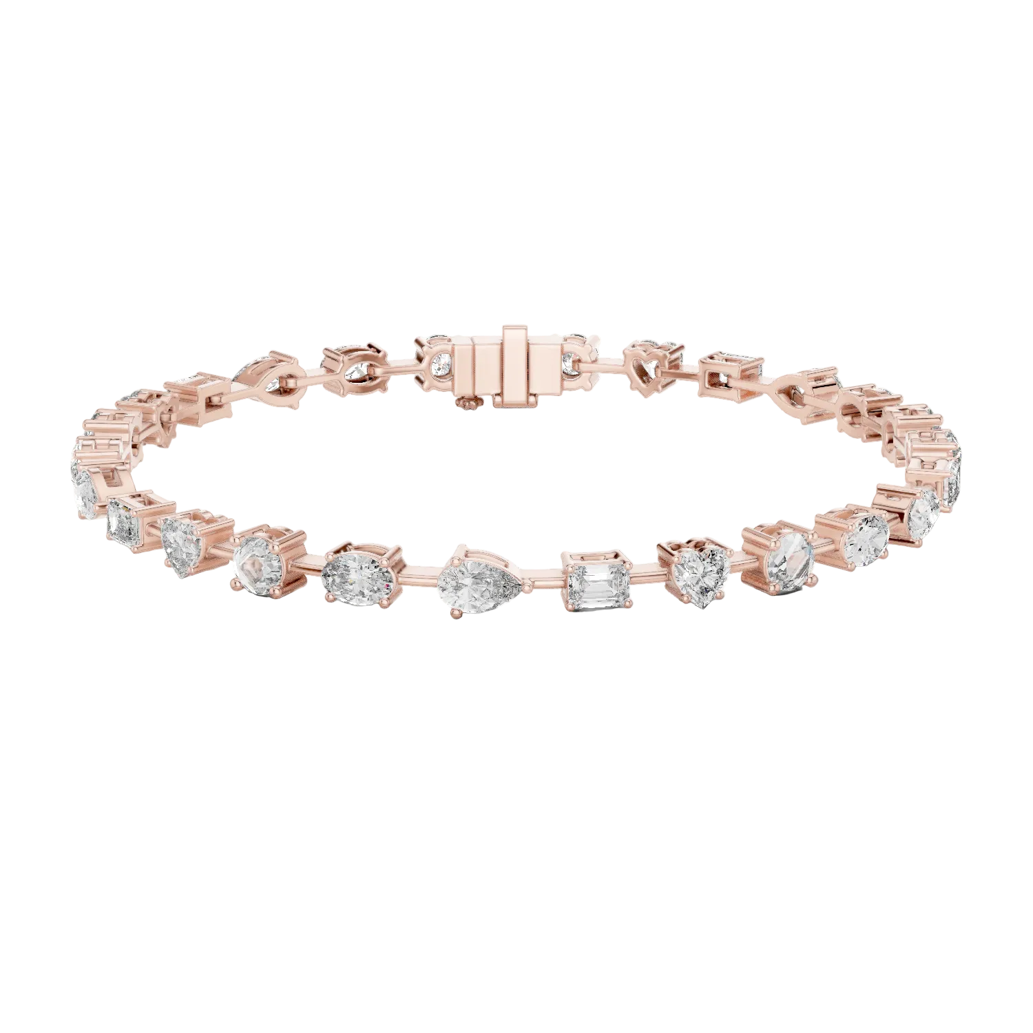 Multi shape lab grown diamond tennis bracelet with round heart oval pear and emerald cut diamonds in gold variations