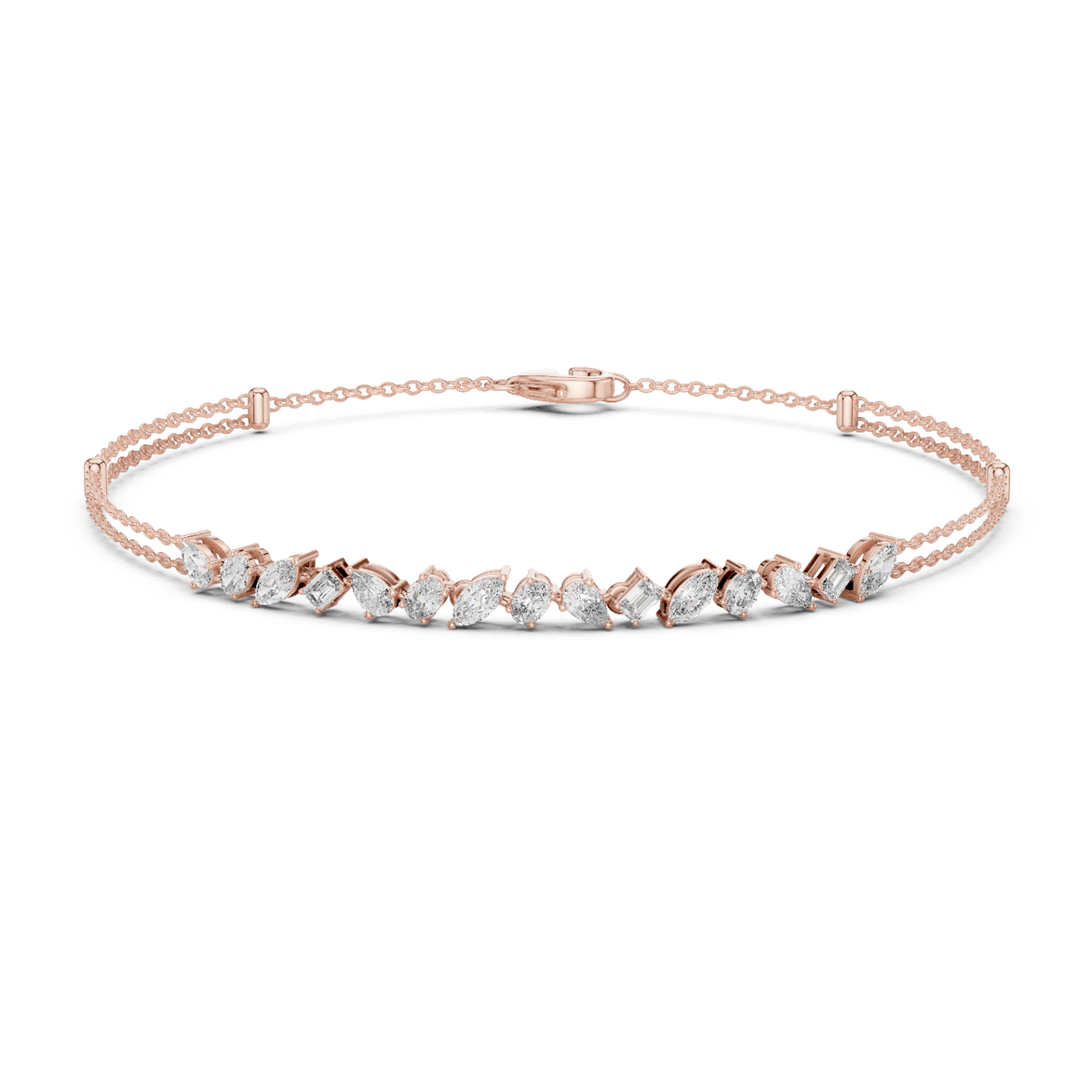 Contemporary multi shape lab grown diamond chain bracelet with pear oval marquise and emerald cut diamonds in yellow white and rose gold