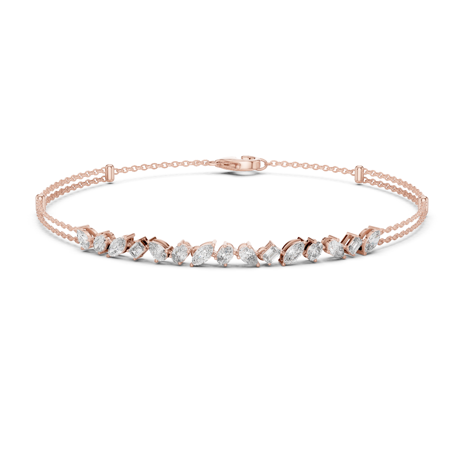 Contemporary multi shape lab grown diamond chain bracelet with pear oval marquise and emerald cut diamonds in yellow white and rose gold