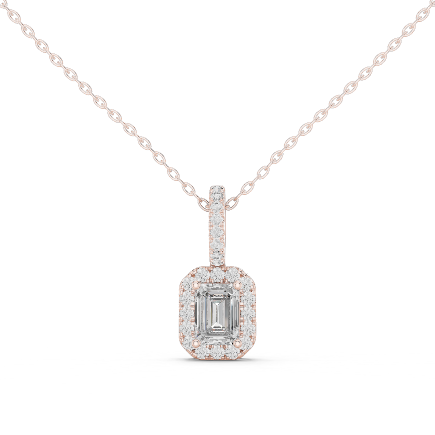 Emerald cut halo diamond pendant in gold with lab grown diamonds by Signora Jewels