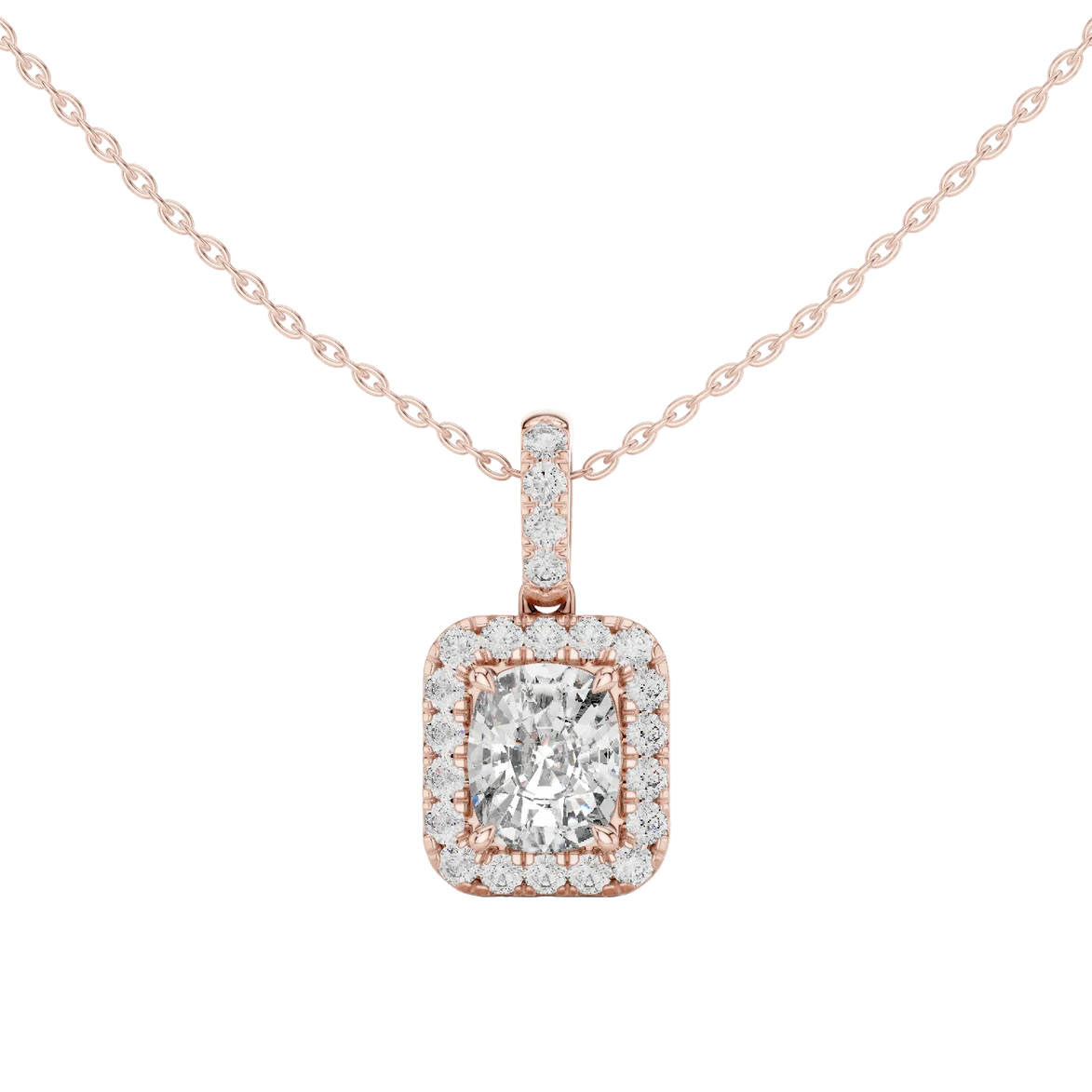 Cushion cut halo diamond pendant in gold with lab grown diamonds by Signora Jewels