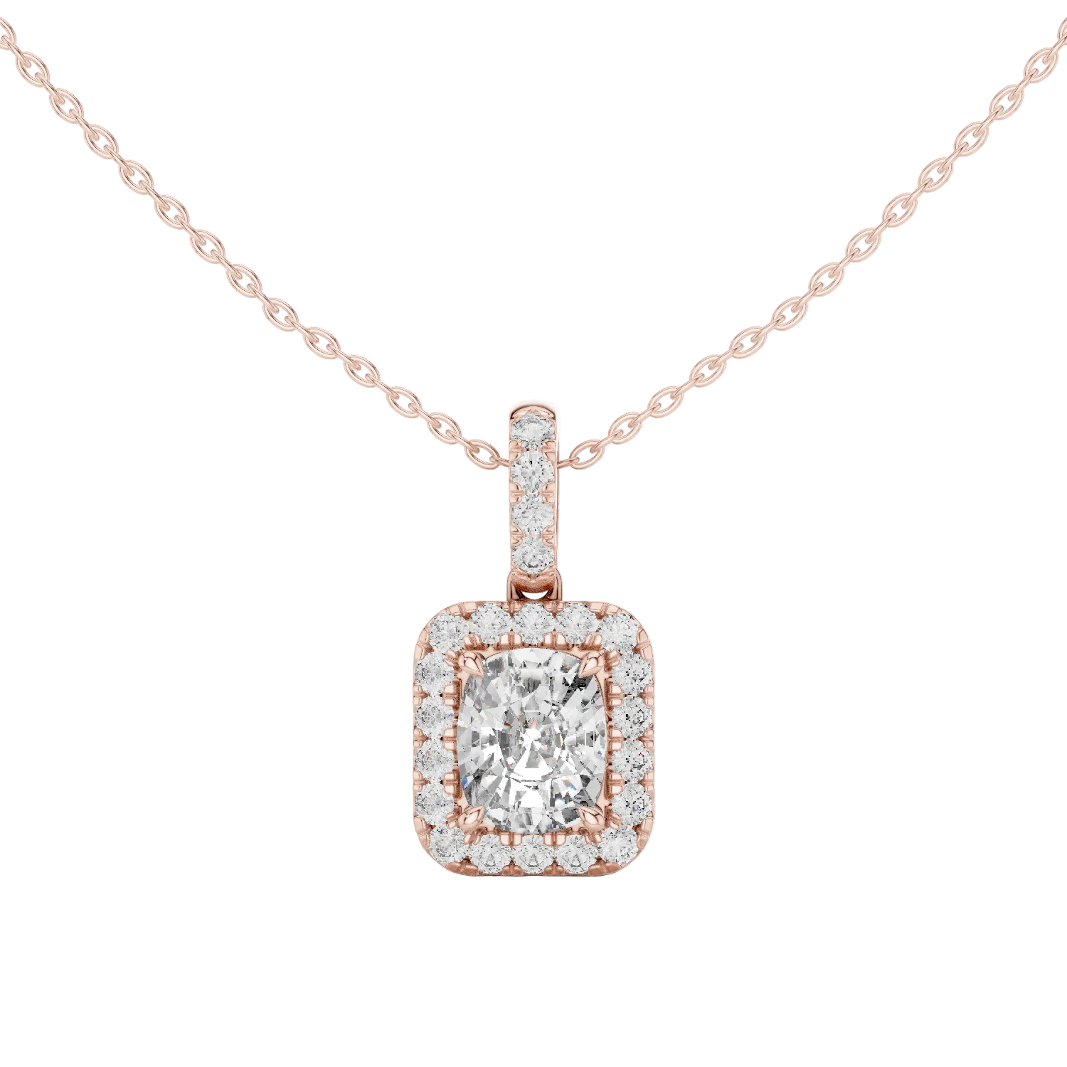 Cushion cut halo diamond pendant in gold with lab grown diamonds by Signora Jewels