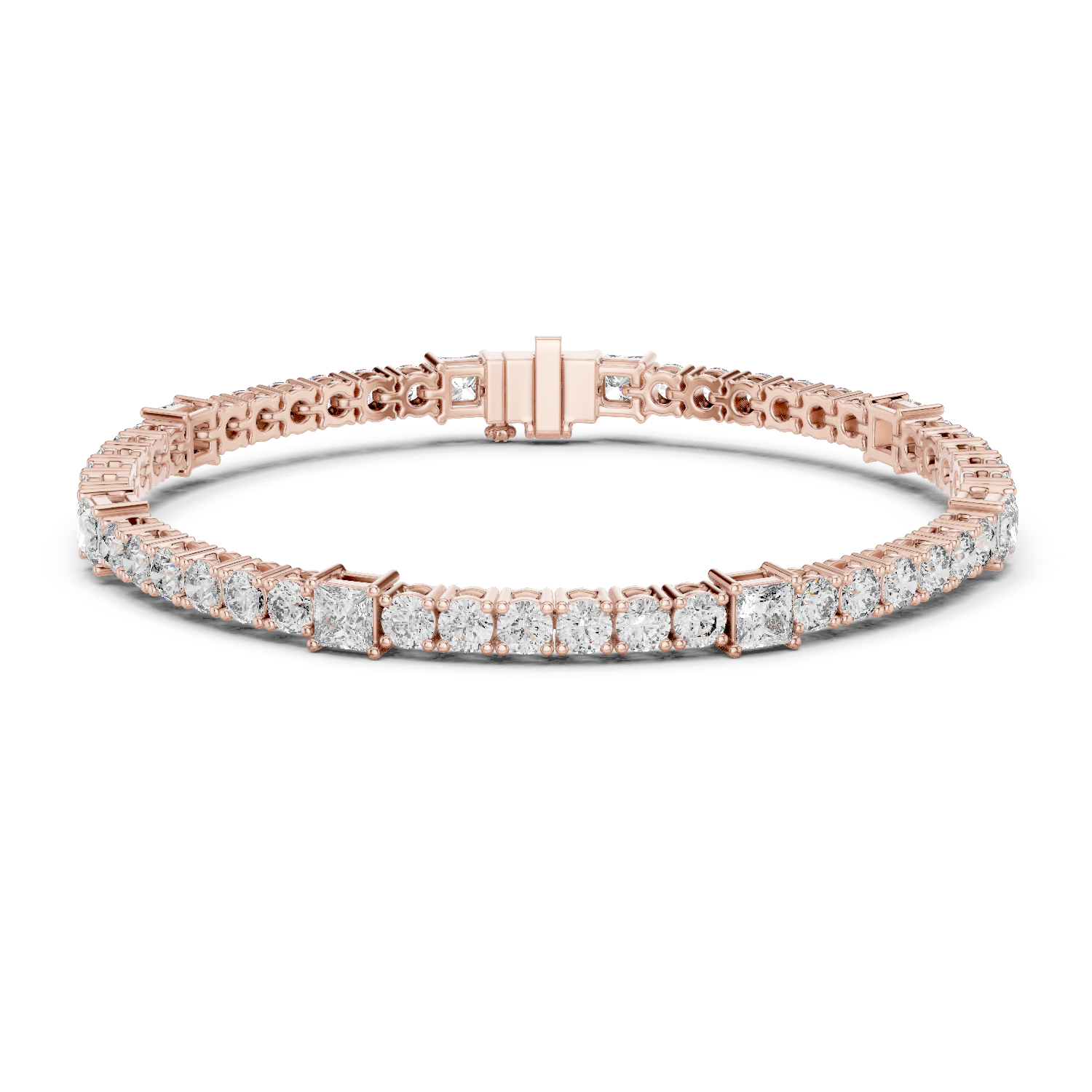 Princess and round lab grown diamond tennis bracelet in yellow white and rose gold with modern mixed shape design