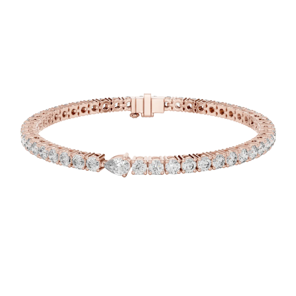 Pear accent lab grown diamond tennis bracelet with round diamonds and central pear cut diamond in gold variations