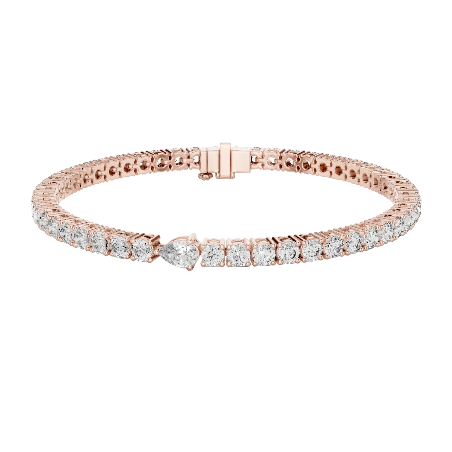 Pear accent lab grown diamond tennis bracelet with round diamonds and central pear cut diamond in gold variations