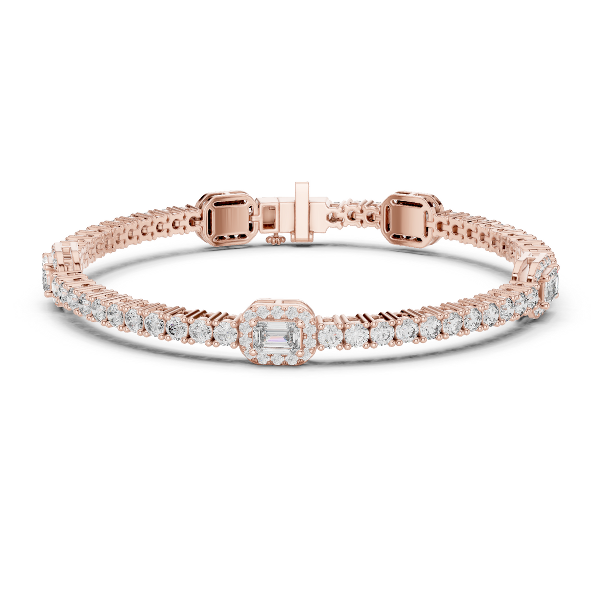 Emerald cut halo lab grown diamond tennis bracelet with round diamond detailing in yellow white and rose gold
