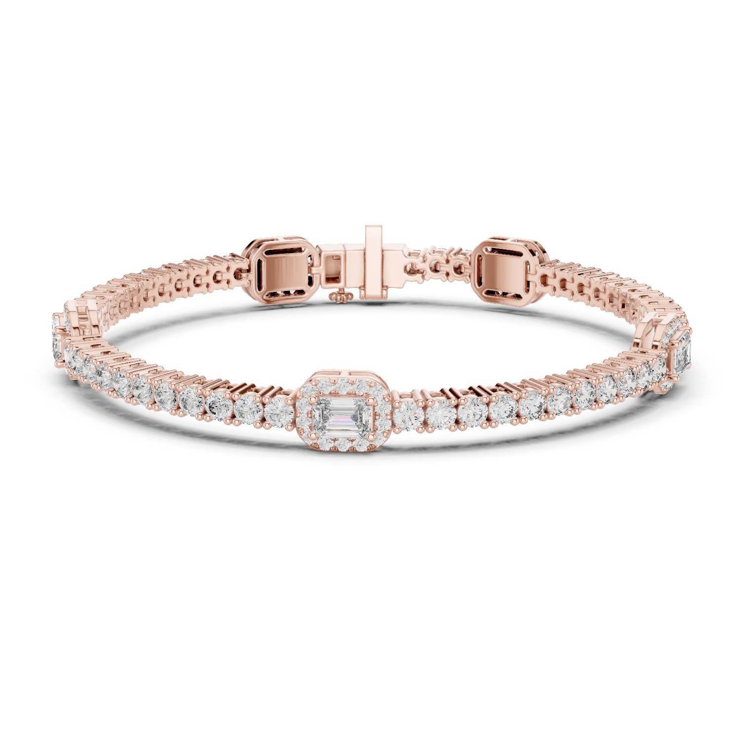 Emerald cut halo lab grown diamond tennis bracelet with round diamond detailing in yellow white and rose gold