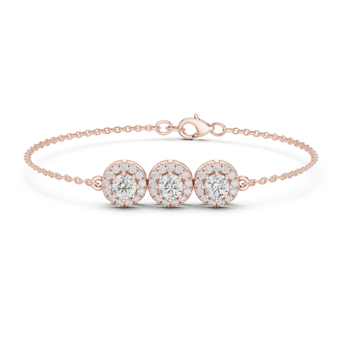 Vintage halo style lab grown diamond bracelet connector with round center diamonds and halo detailing in yellow white and rose gold
