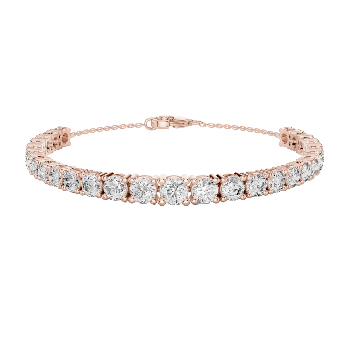 Graduated lab grown diamond tennis bracelet in yellow gold white gold and rose gold with round brilliant diamond design