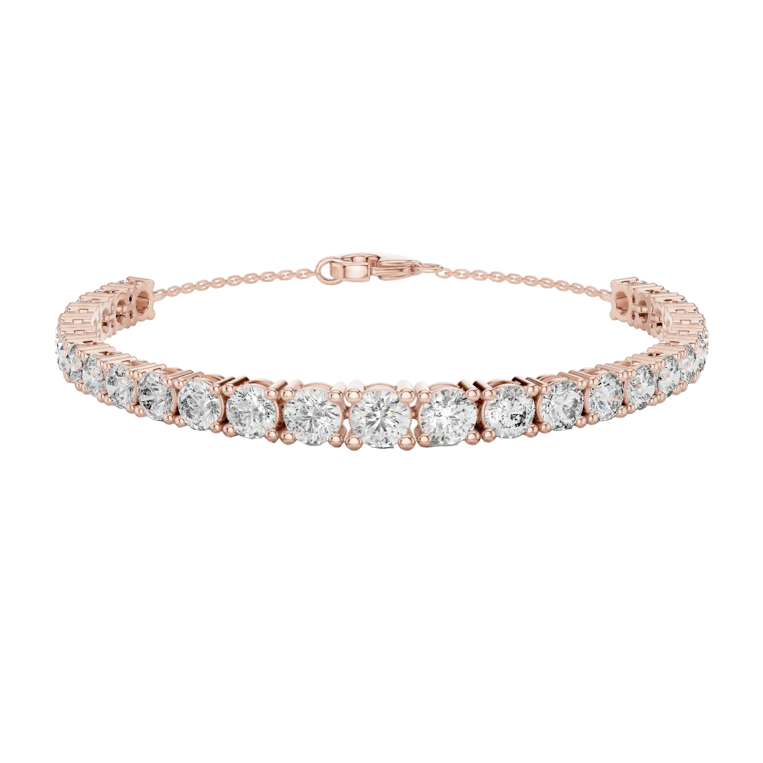 Graduated lab grown diamond tennis bracelet in yellow gold white gold and rose gold with round brilliant diamond design