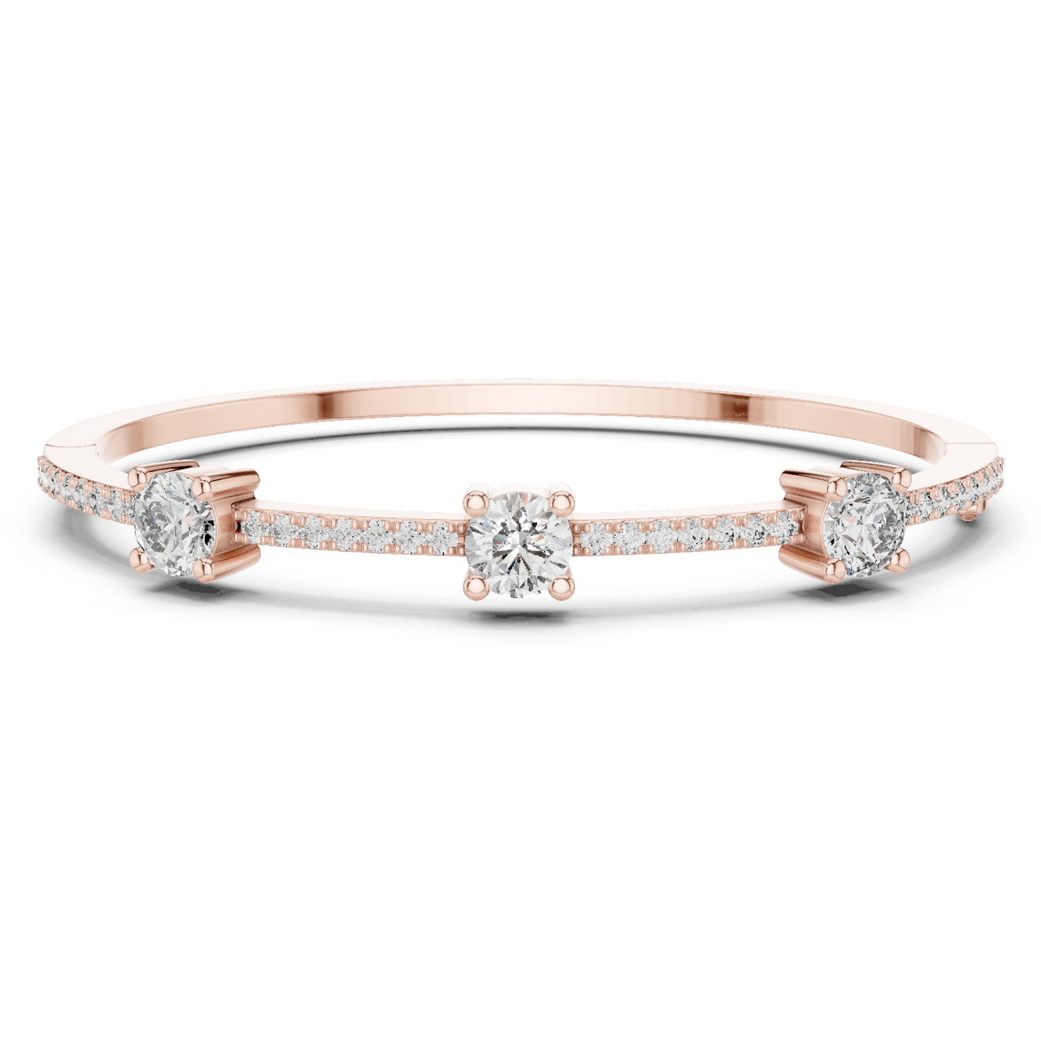 Elegant three stone round diamond bangle bracelet in gold with pavé accent diamonds by Signora Jewels