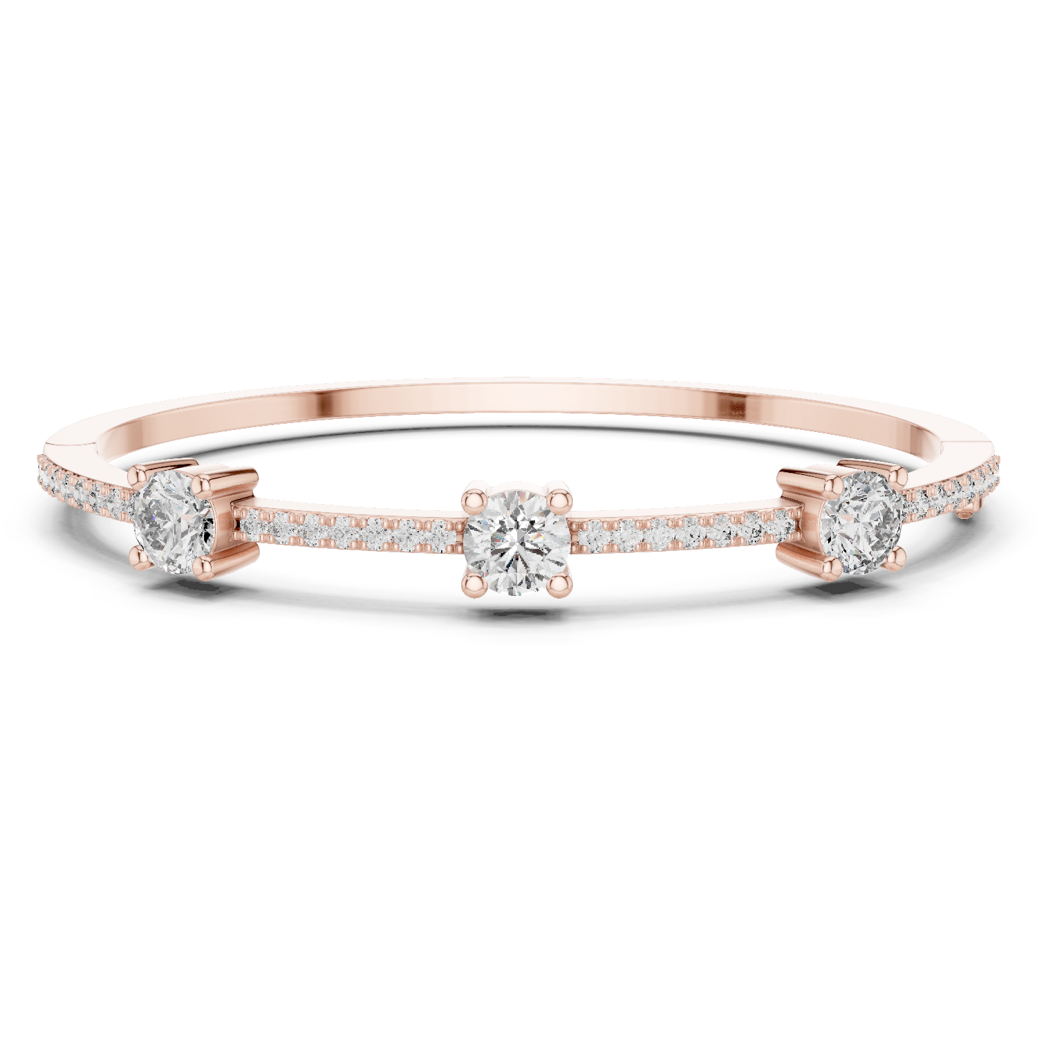 Elegant three stone round diamond bangle bracelet in gold with pavé accent diamonds by Signora Jewels