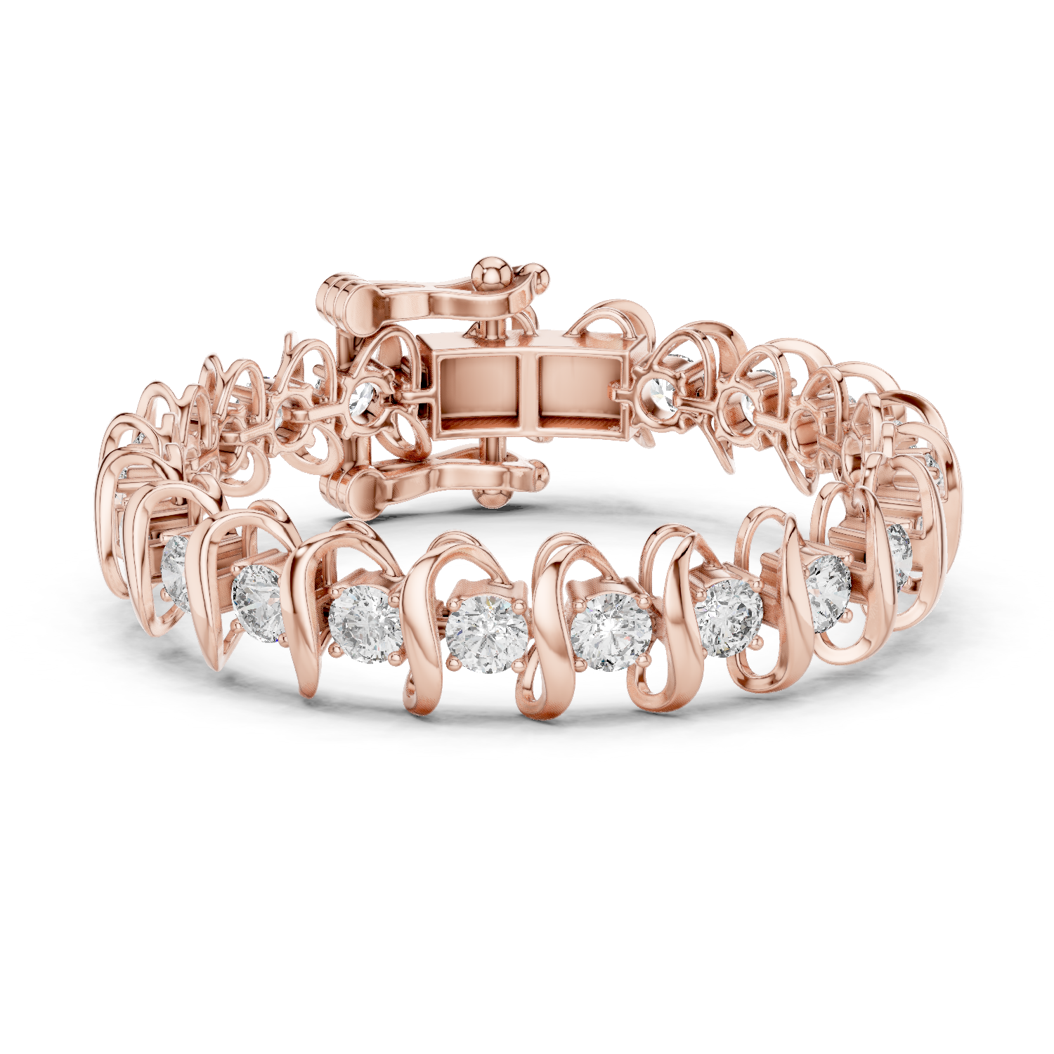 Bold link style lab grown diamond bracelet with large round cut diamonds in yellow white and rose gold