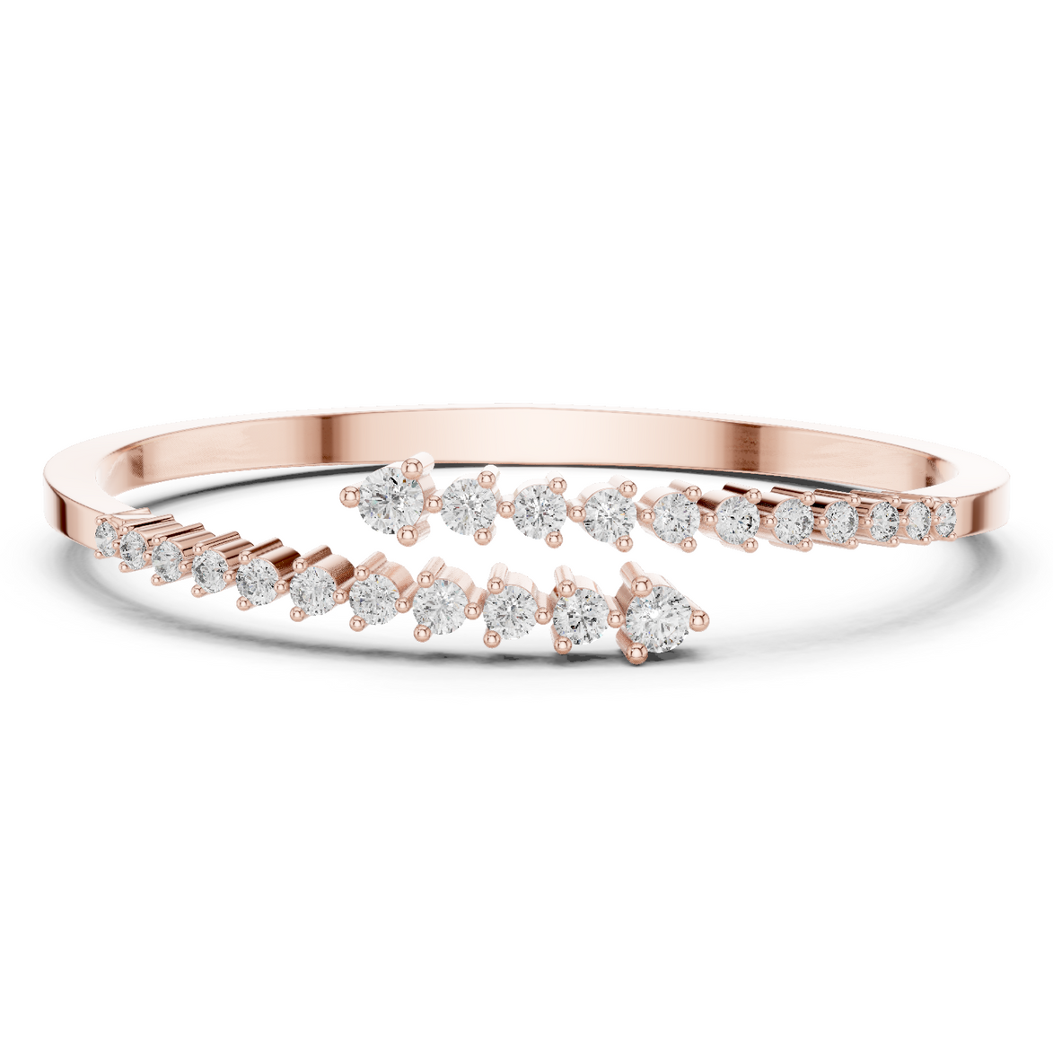 Graduated round lab grown diamond open cuff bracelet with flowing diamond design in yellow white and rose gold