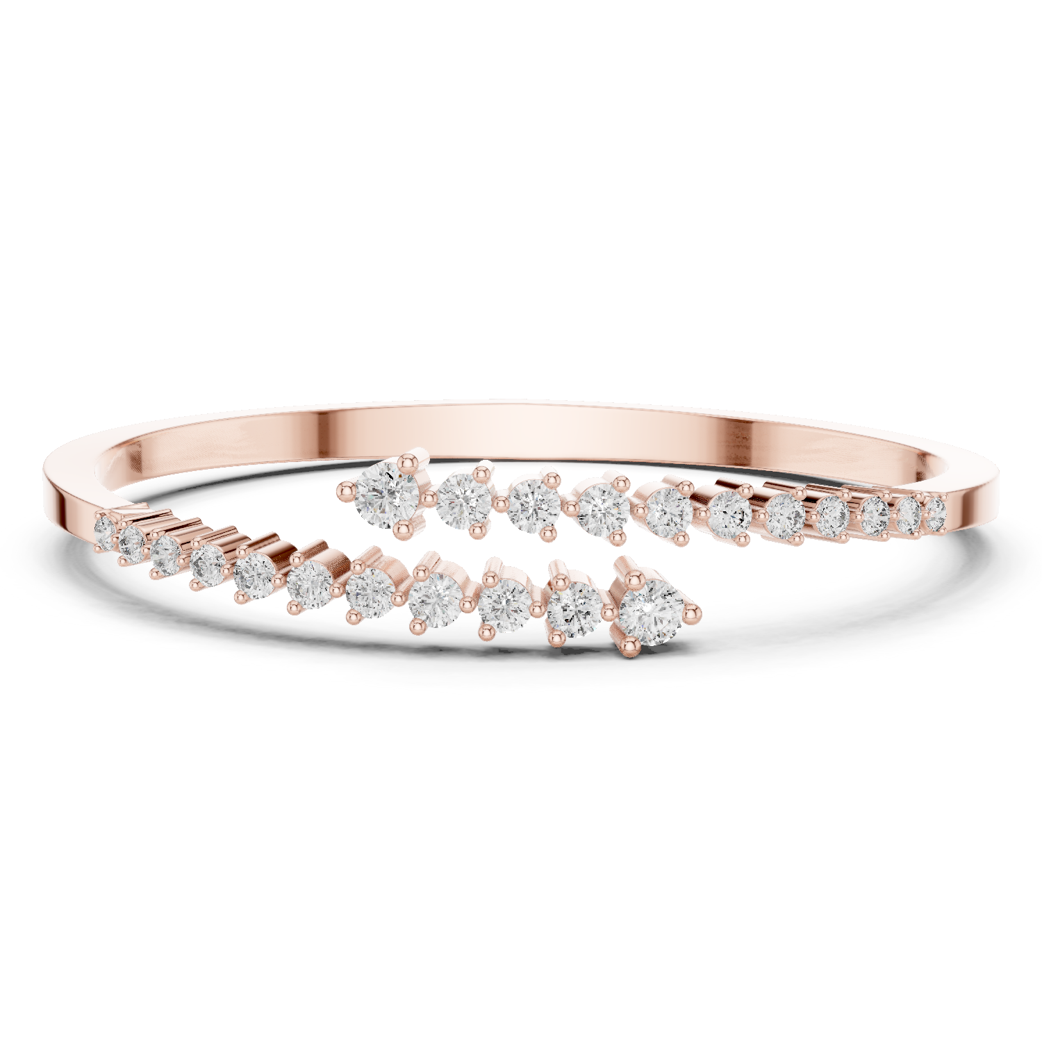 Graduated round lab grown diamond open cuff bracelet with flowing diamond design in yellow white and rose gold