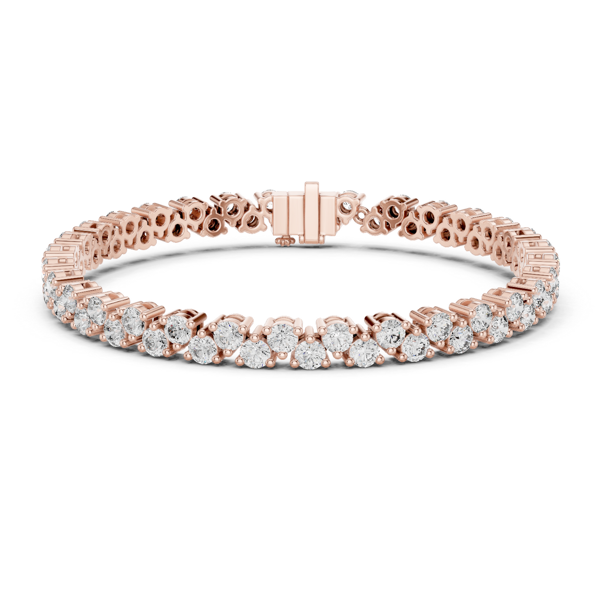 Classic double row lab grown diamond tennis bracelet with round cut diamonds in yellow white and rose gold