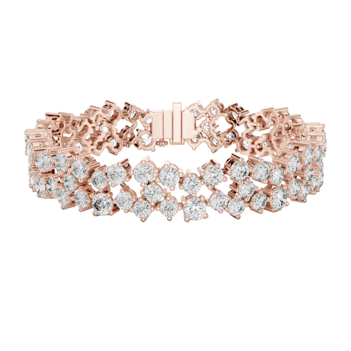 Multi shape lab grown diamond tennis bracelet with clustered round diamond design in yellow white and rose gold