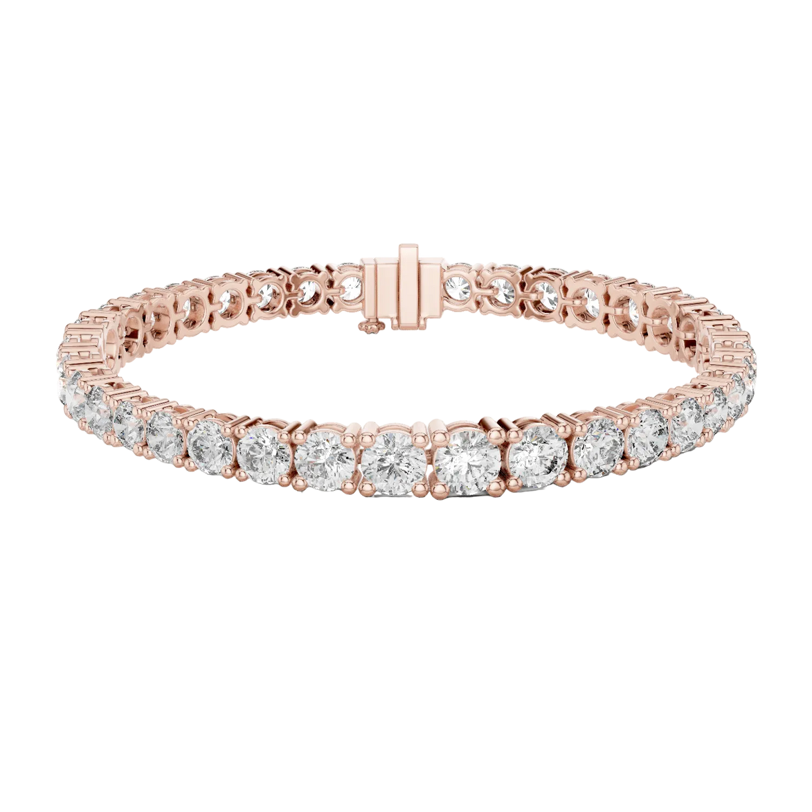 Graduated lab grown diamond tennis bracelet with varying size round diamonds in yellow white and rose gold