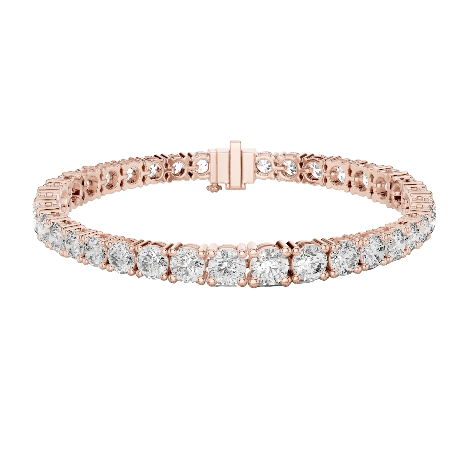 Graduated lab grown diamond tennis bracelet with varying size round diamonds in yellow white and rose gold