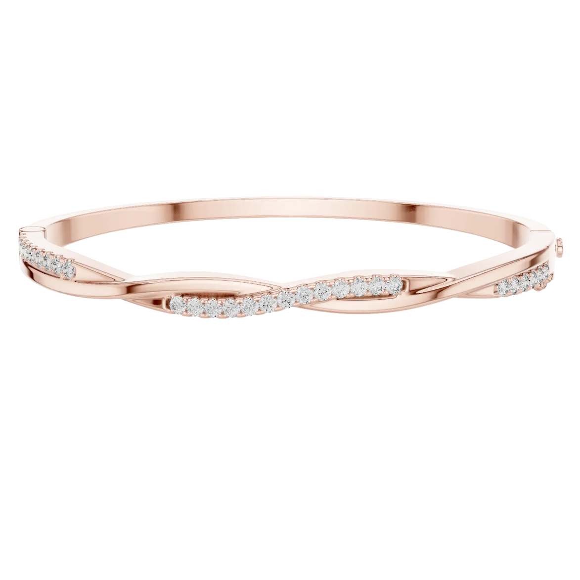 Twisted lab grown diamond bangle bracelet in yellow gold white gold and rose gold with modern crossover diamond design