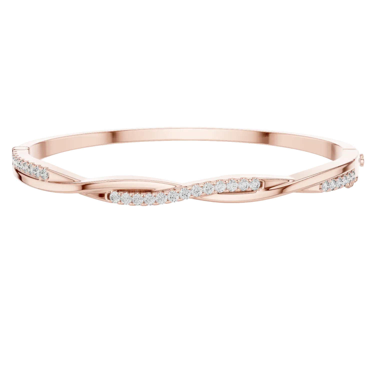 Twisted lab grown diamond bangle bracelet in yellow gold white gold and rose gold with modern crossover diamond design