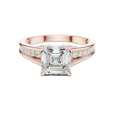 Ladies Asscher split shank diamond ring in gold with Asscher and round lab grown diamonds by Signora Jewels
