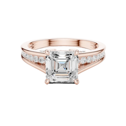 Ladies Asscher split shank diamond ring in gold with Asscher and round lab grown diamonds by Signora Jewels
